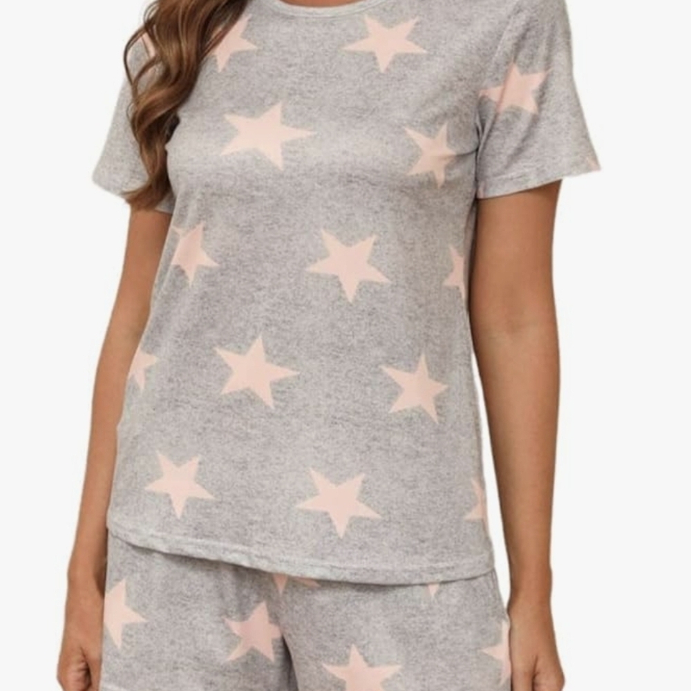 Soft Gray Pajama Set with Pink Stars